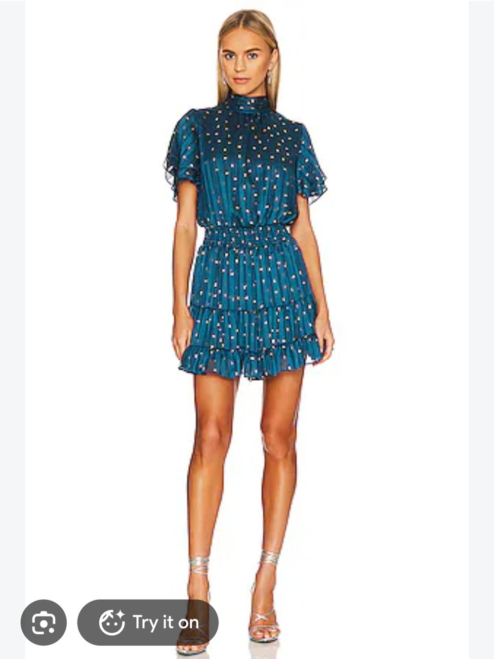 Misa Los Angeles Teal Polka Dot Ruffle Mini Dress. Size Large. Holiday Evening